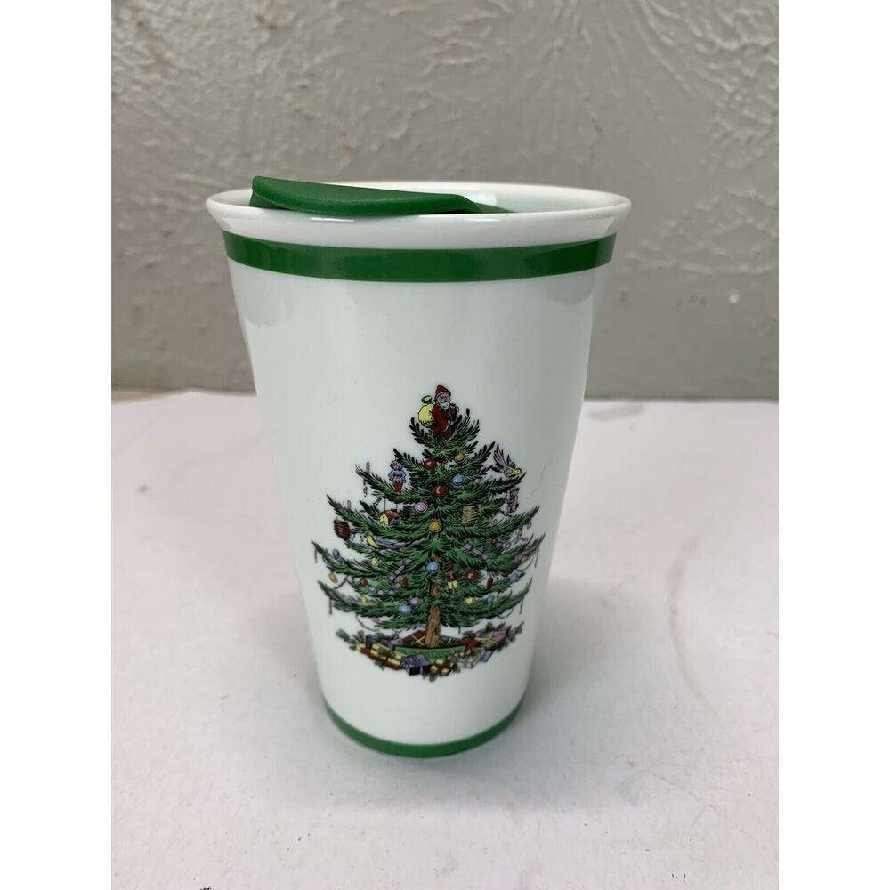 Spode Travel‎ Coffee Mug Christmas Tree Tumbler Ceramic With Lid 8 oz.